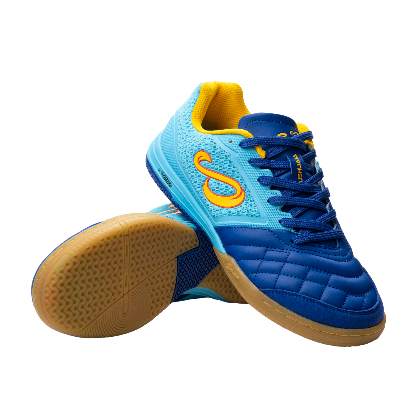 Blue Ushuaia Club 2.0 Futsal Shoes by Senda – Lightweight indoor futsal shoes with gum rubber sole, breathable mesh upper, and reinforced toe for traction, agility, and comfort on hard court surfaces.