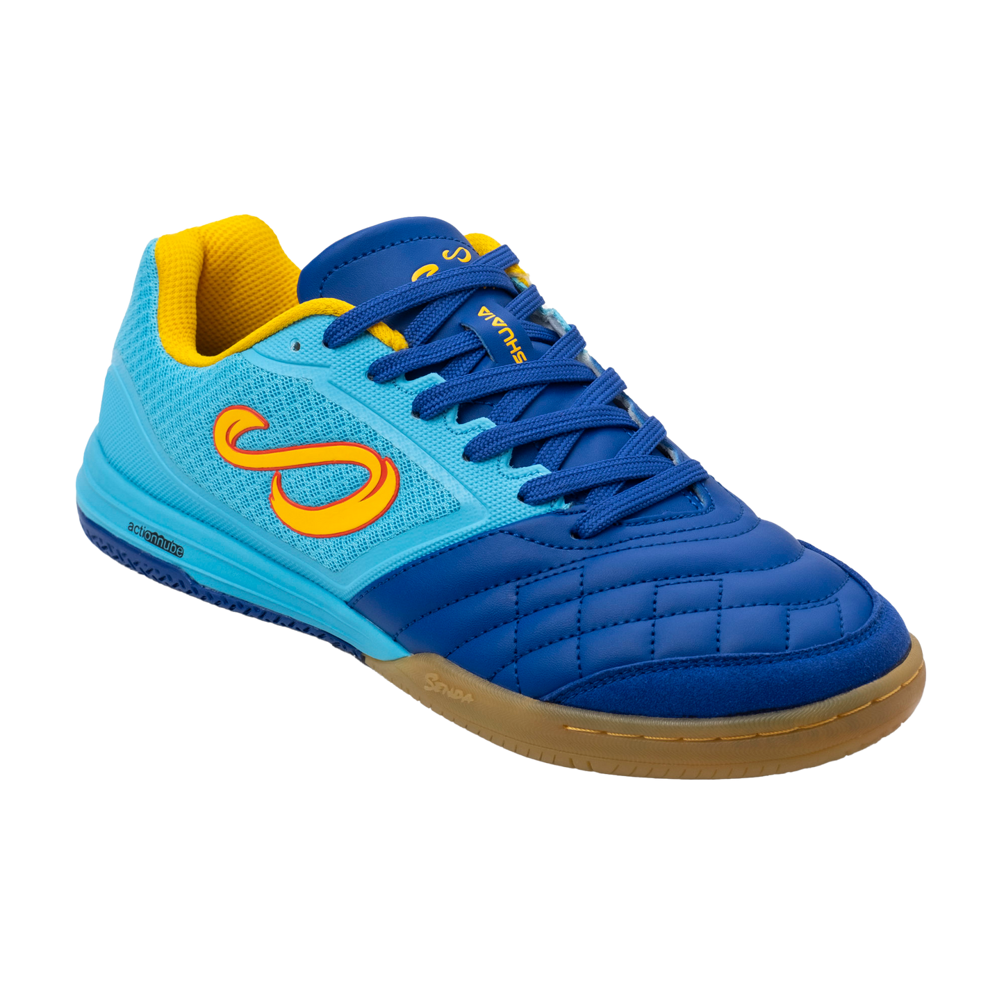 Blue Ushuaia Club 2.0 Futsal Shoes by Senda – Right shoe front angle showing breathable mesh, reinforced stitched toe, and gum rubber sole for grip, agility, and comfort on indoor futsal courts.