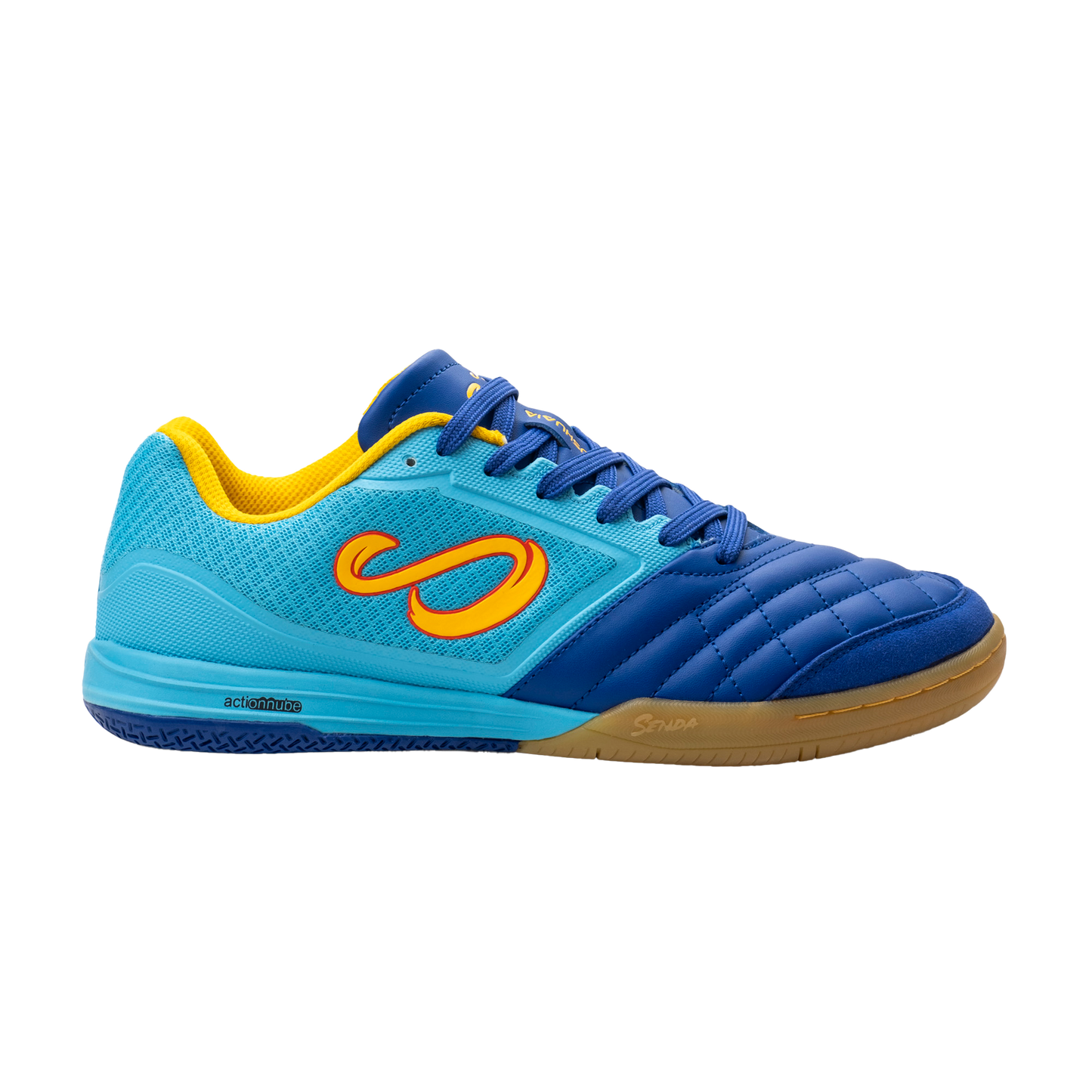 Blue Ushuaia Club 2.0 Futsal Shoes by Senda – Left side view of breathable futsal shoes featuring mesh upper, gum rubber sole, and stitched forefoot for agility and traction on indoor courts.