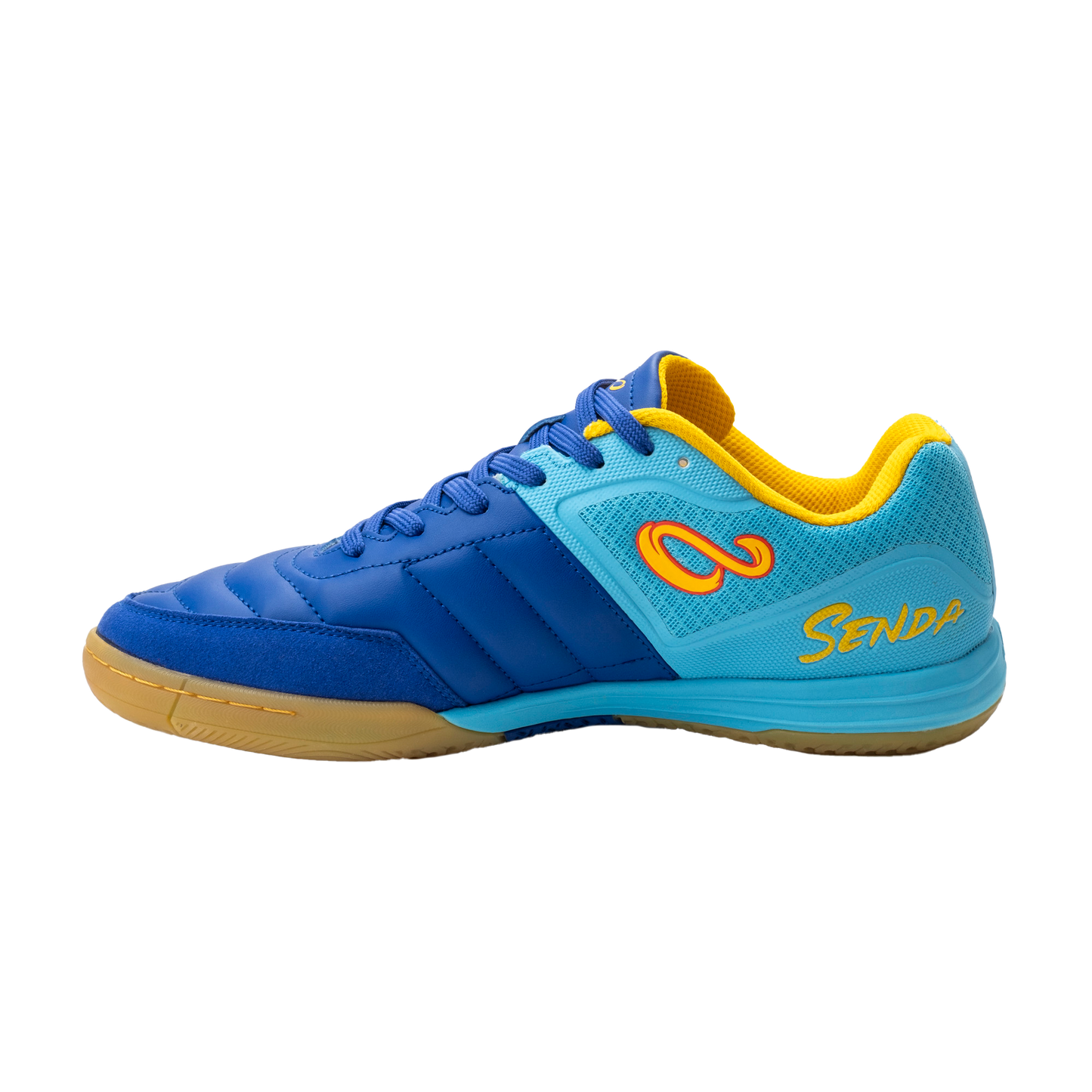 Side view of Blue Ushuaia Club 2.0 Futsal Shoes by Senda – Breathable indoor futsal shoes with reinforced stitching, mesh paneling, and gum rubber sole for grip and agility on court.