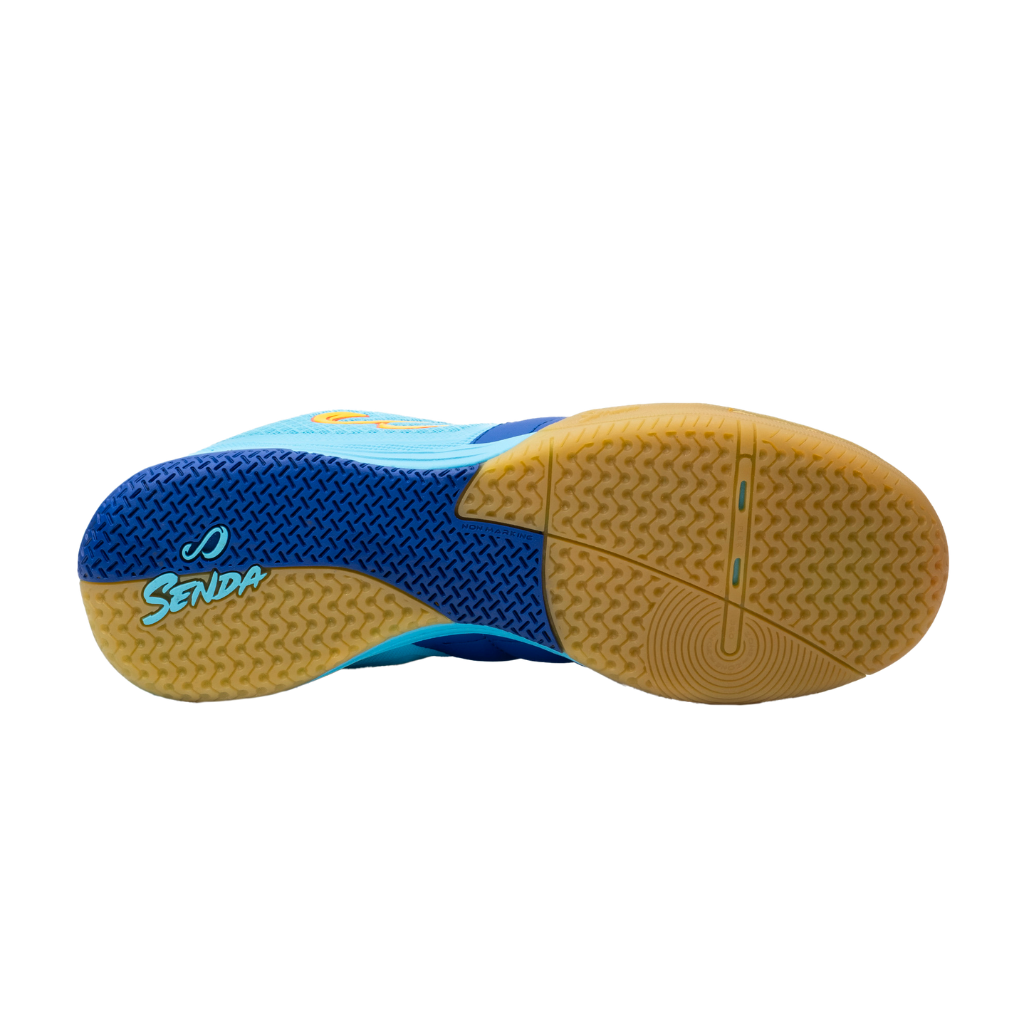 Blue Ushuaia Club 2.0 Futsal Shoes by Senda – Sole view showing non-marking gum rubber outsole with multidirectional traction pattern for superior grip and quick pivots on indoor futsal courts.