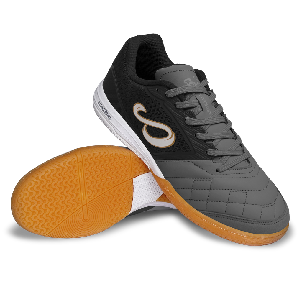 Dark Grey Ushuaia Club 2.0 Futsal Shoes by Senda – Lightweight indoor futsal shoes with non-marking gum rubber sole, quilted forefoot stitching, and breathable mesh for court traction, comfort, and durability.