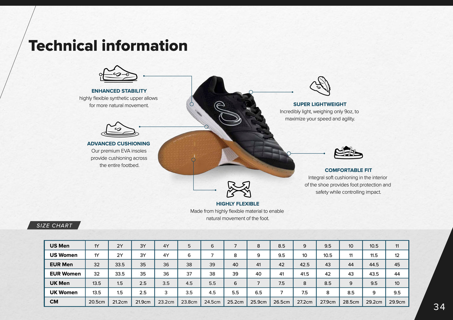 Technical specifications and size chart for Senda Ushuaia Club 2.0 Futsal Shoes – Features enhanced stability, lightweight design, EVA cushioning, flexible synthetic upper, and US/UK/EU sizing for men and women.