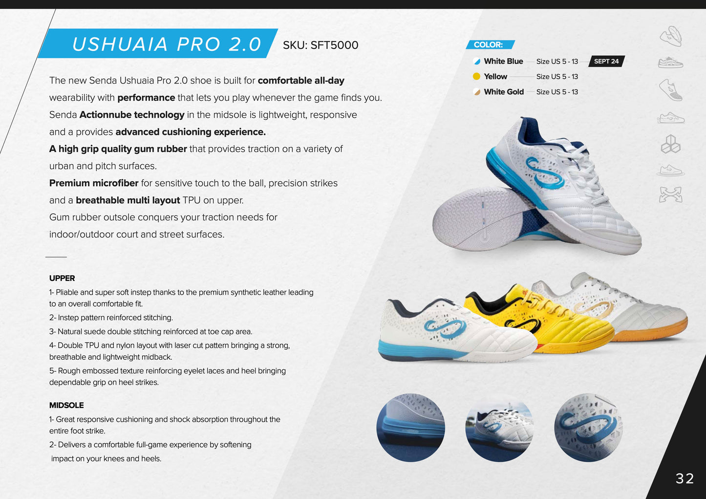White Blue Ushuaia Pro 2.0 futsal shoes by SENDA – ultra-lightweight indoor soccer shoes with premium synthetic upper, breathable multi-layout TPU, and dual TPU for added stability. Built for comfort, speed, and all-day performance on indoor and street courts.