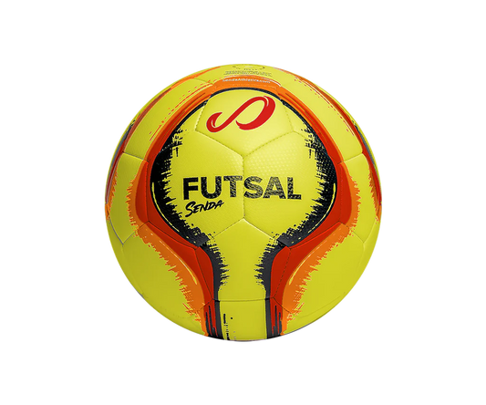 Back view of Yellow Belem Training Futsal Ball by Senda – Indoor futsal ball with bold "Futsal" print, low-bounce design, and textured panels for enhanced control and durability.