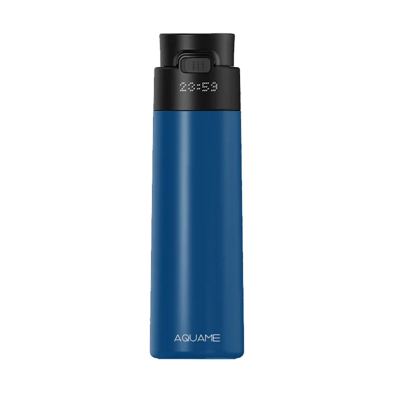 Front view of AQUAME 2.0 Smart Water Bottle in cobalt blue with LED display cap and minimalist design.