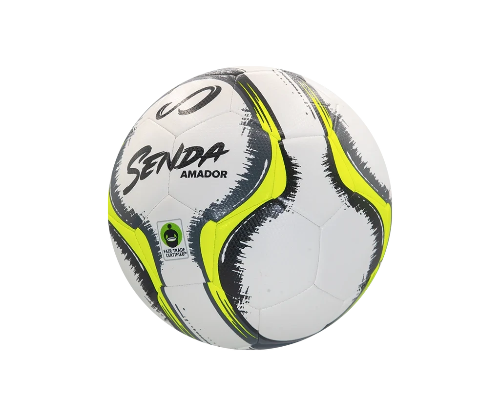 Angled side view of Senda Amador Training Soccer Ball showcasing dynamic black and yellow brushstroke graphics and Fair Trade Certified badge.
