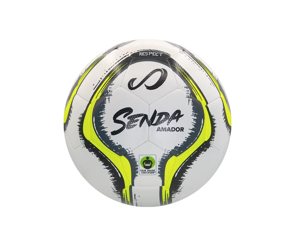 Front view of Senda Amador Training Soccer Ball featuring bold black logo, yellow accents, and Fair Trade certification mark.