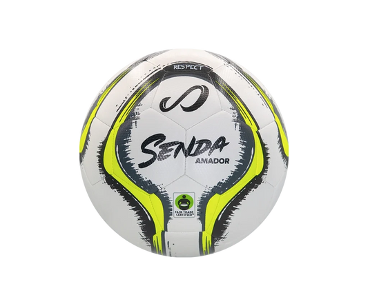 Front view of Senda Amador Training Soccer Ball featuring bold black logo, yellow accents, and Fair Trade certification mark.