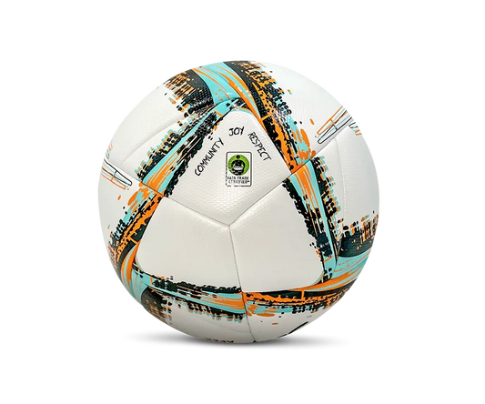 Back-angle view of Senda Apex Match Soccer Ball featuring Fair Trade Certified label and vibrant orange, teal, and black brushstroke design.