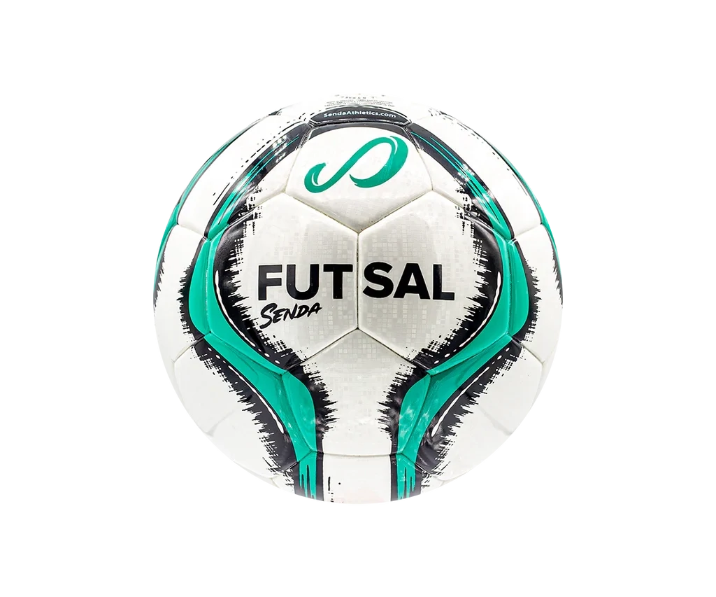 Front view of the Senda Bahia Professional Futsal Ball showing bold Senda branding, green-accented panel design, and Fair Trade certification.