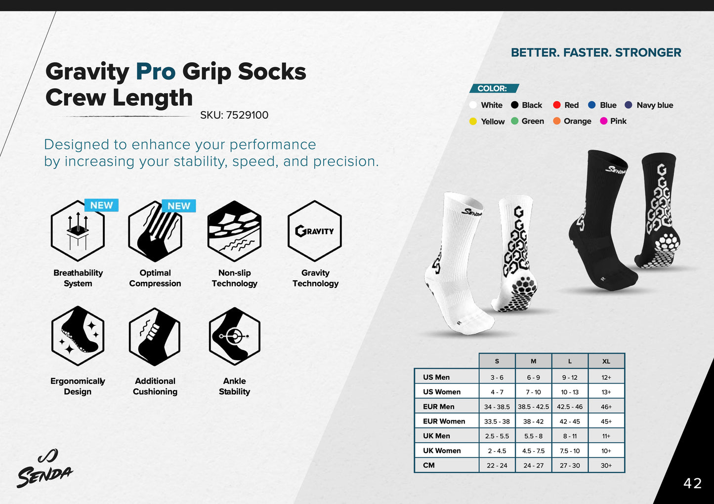 Senda Gravity Pro Crew Grip Socks in white and black with feature icons, available color options, and unisex sizing chart for US, UK, and EU.