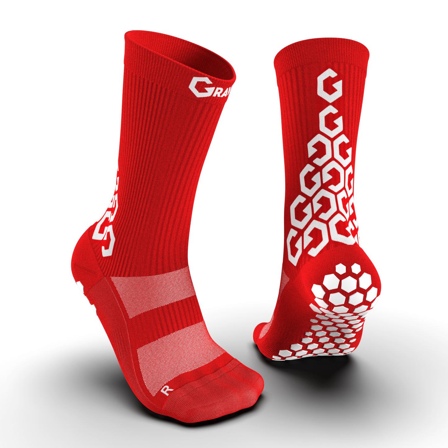 Red Senda Gravity Pro Crew Socks with non-slip hexagon grip pattern and bold white Gravity logo displayed on front and back.