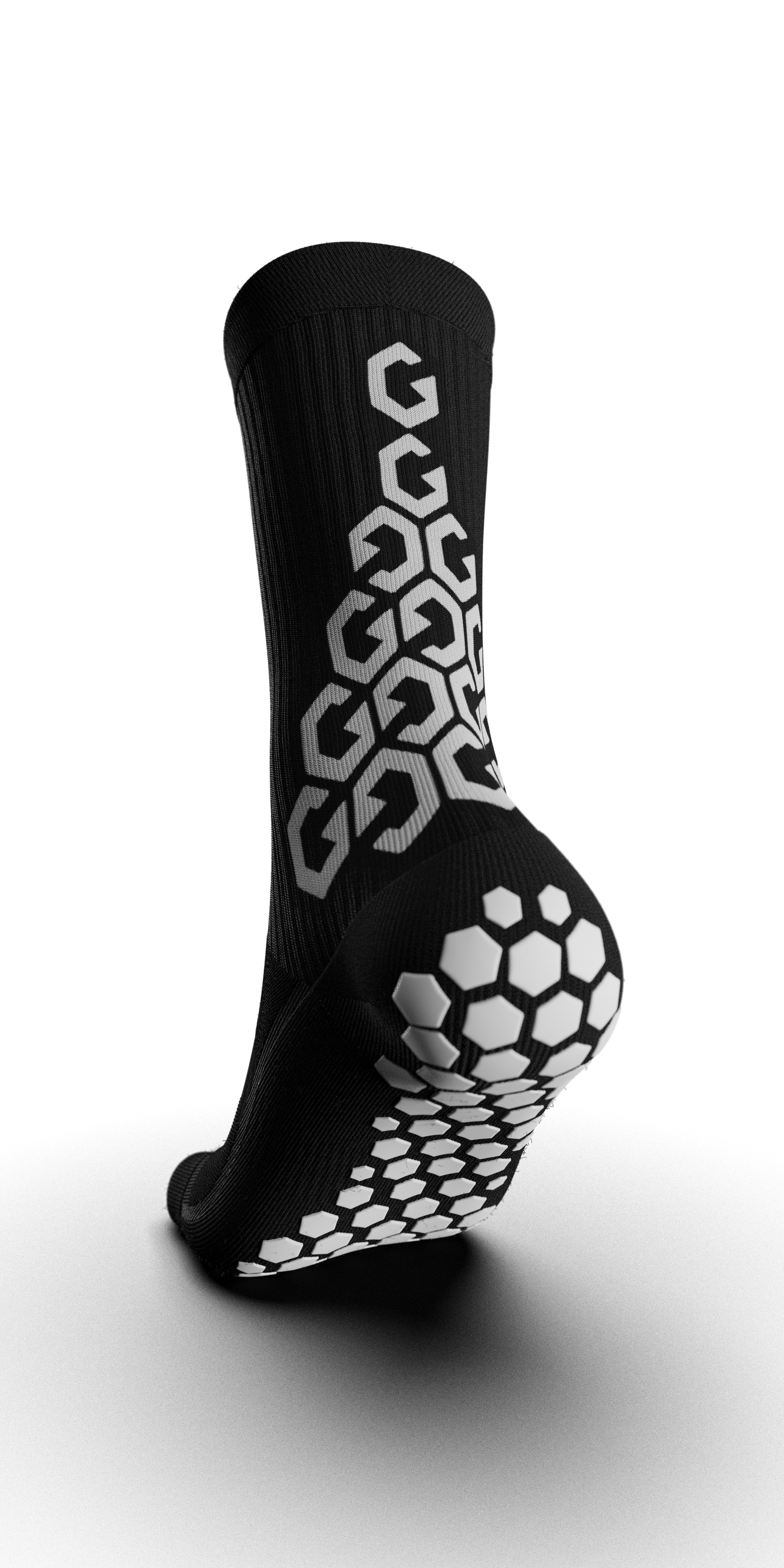 Angled view of Senda Gravity Pro Grip Socks in black, highlighting rear hex traction pods and vertical grip pattern for explosive movement and balance.