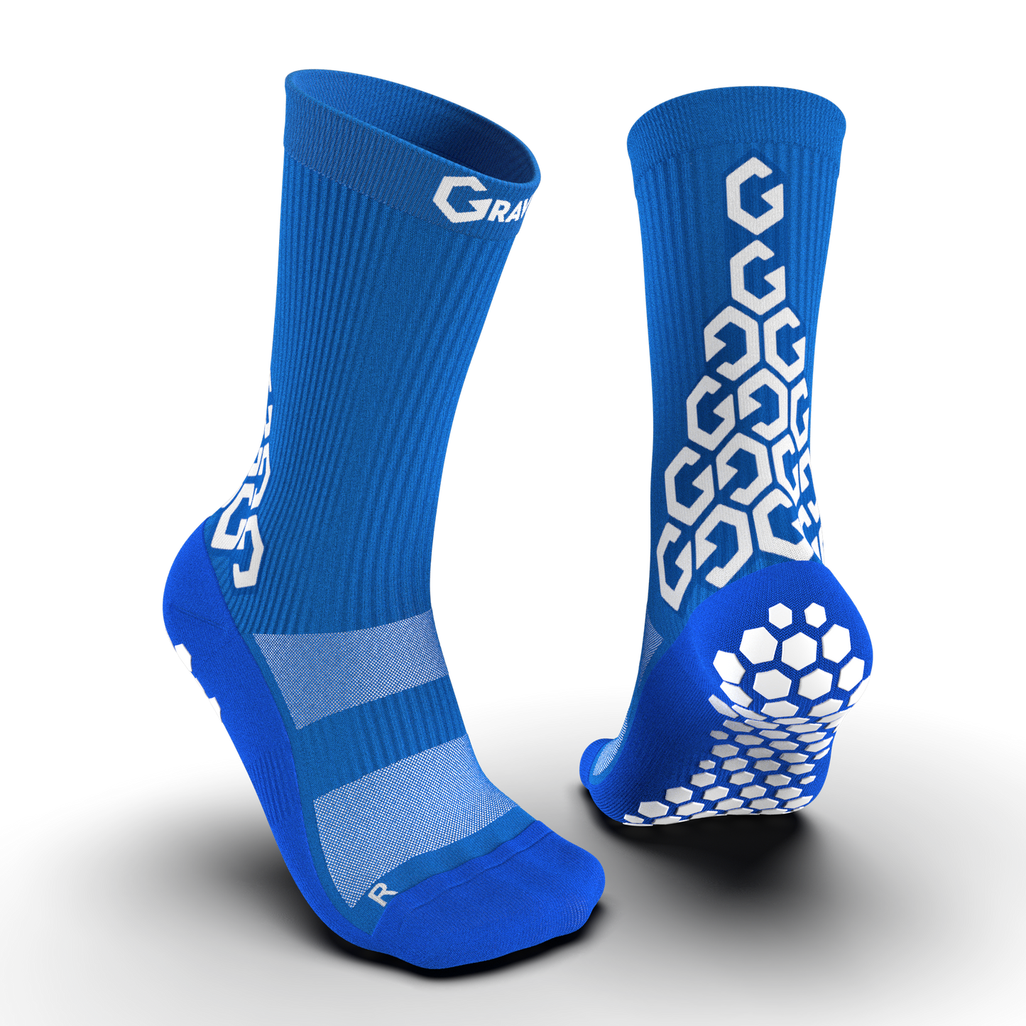 Front and back view of Senda Gravity Pro Grip Socks in blue, featuring ribbed compression upper, hex grip sole, and ergonomic athletic fit.