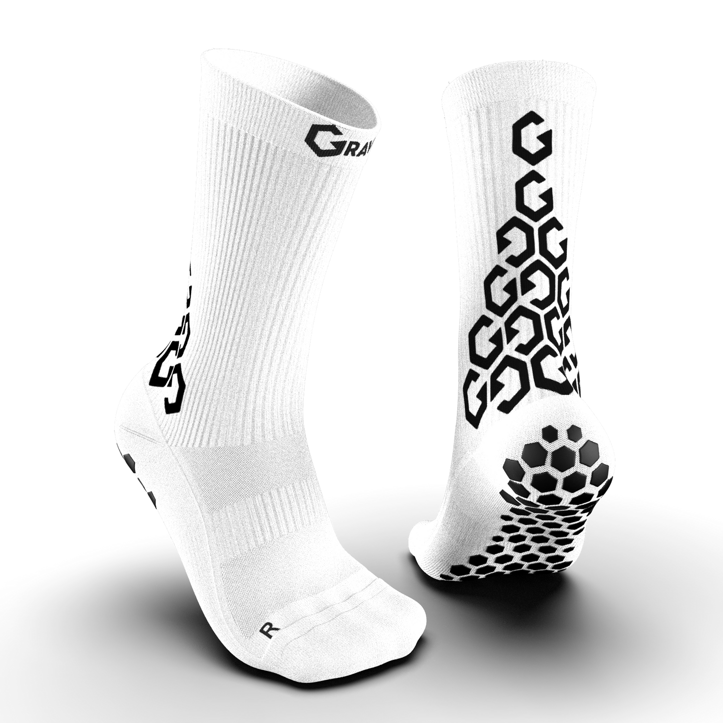 Senda Gravity Pro Grip Socks in white shown from front and back, highlighting moisture-wicking mesh zones, grip hex pods, and bold G logo branding.