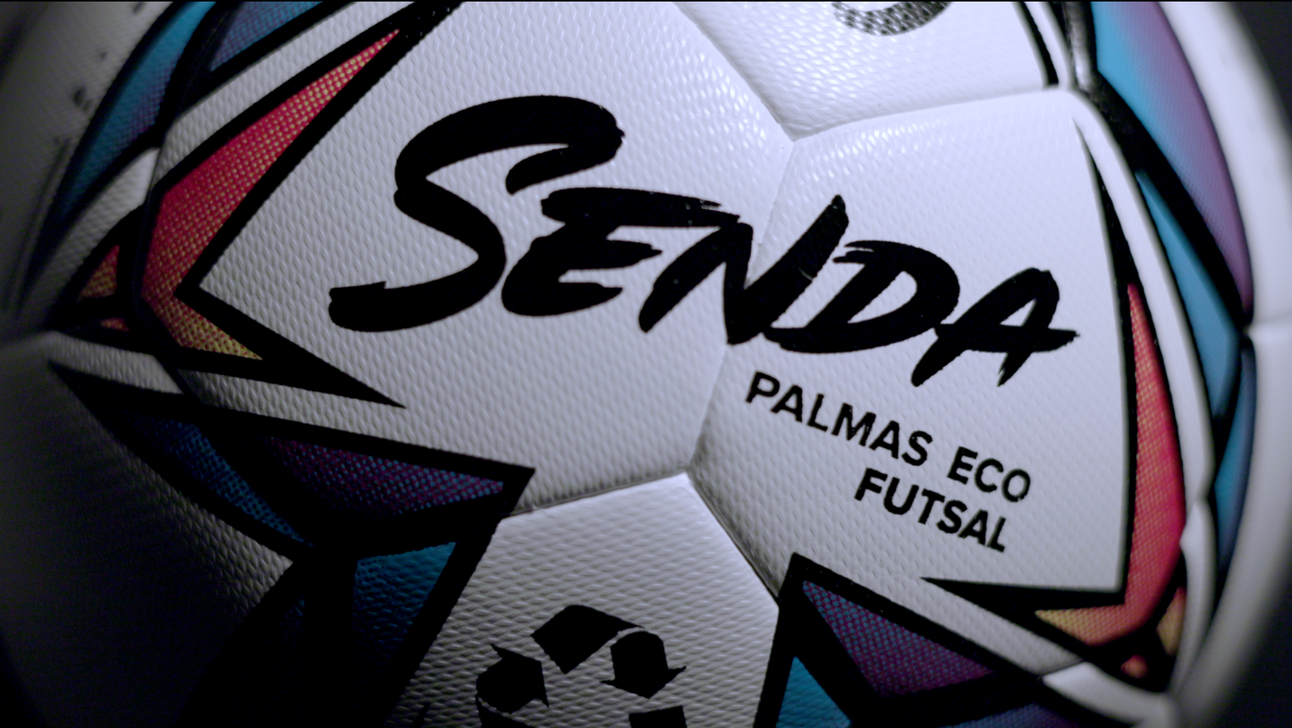 Close-up of Senda Palmas Eco Futsal Ball featuring vibrant multicolor panel design and bold Senda branding.