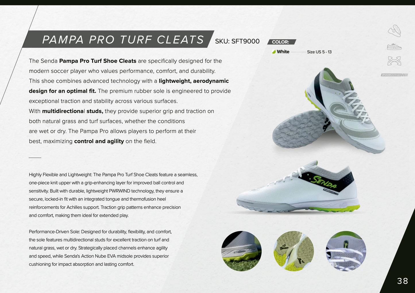 Heel-focused close-up of Senda Pampa Pro Turf cleats featuring Actionnube midsole and high-grip heel lugs in neon yellow for responsive turf traction.
