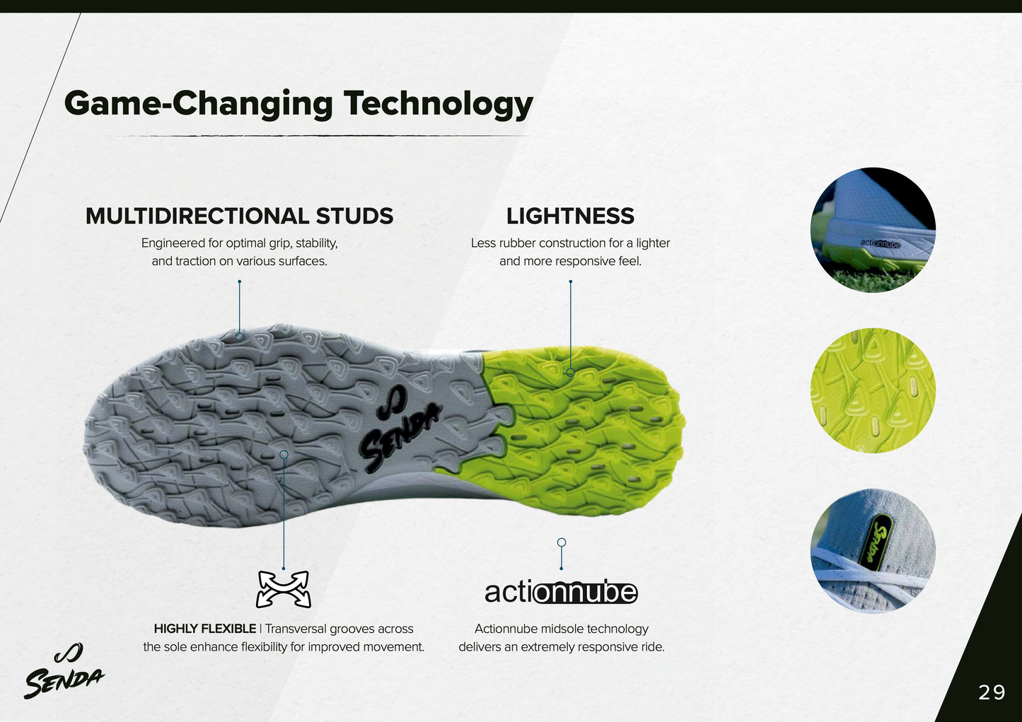 Full outsole view of Senda Pampa Pro Turf cleats showing multidirectional studs and lightweight tread layout engineered for agility and control.