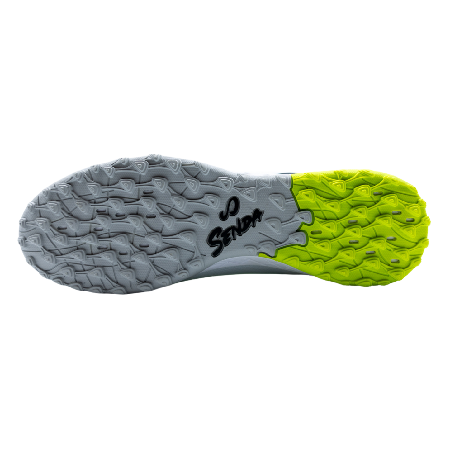 Bottom view of Senda Pampa Pro Turf outsole showing multi-directional stud pattern in lime and gray for maximum control on turf.