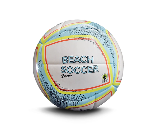 Front view of Senda Playa Beach Soccer ball with colorful design and Fair Trade Certified logo.