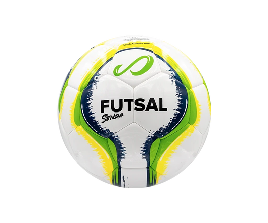 Back view of Senda Rio Match Futsal ball showing “FUTSAL” branding with vivid green and yellow details on a white textured surface.