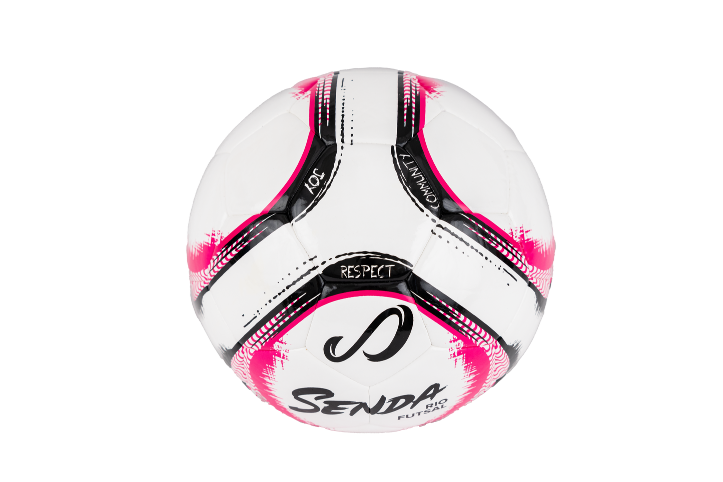 Angled panel shot of Senda Rio Match Futsal ball in pink, showing “Respect,” “Joy,” and “Community” details.