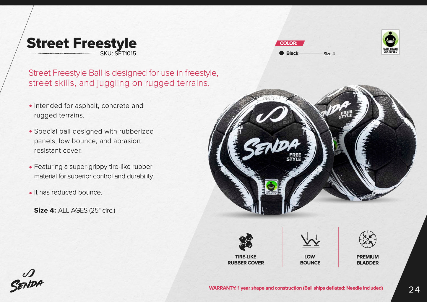 Senda Street Freestyle Ball in black and white with rugged tire-like rubber cover, ideal for freestyle and street play on rough surfaces.