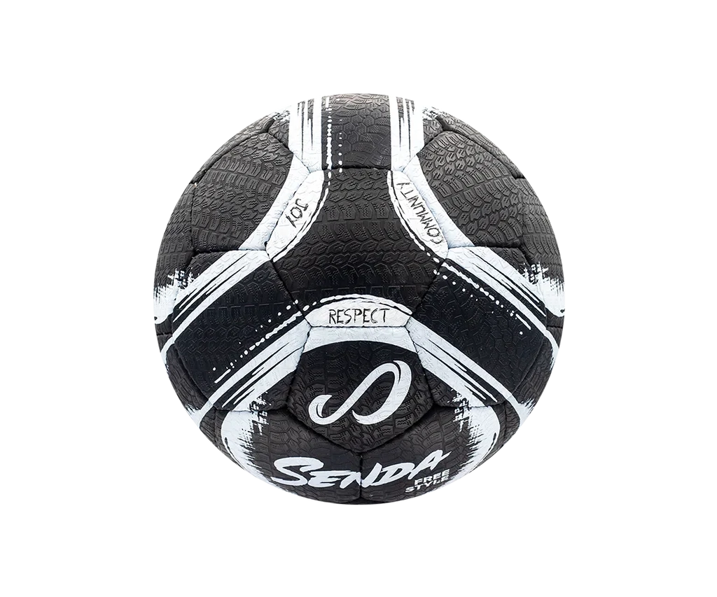 Senda Street Freestyle Ball featuring bold black-and-white design with textured panels and words like “Respect” and “Joy” printed across seams.