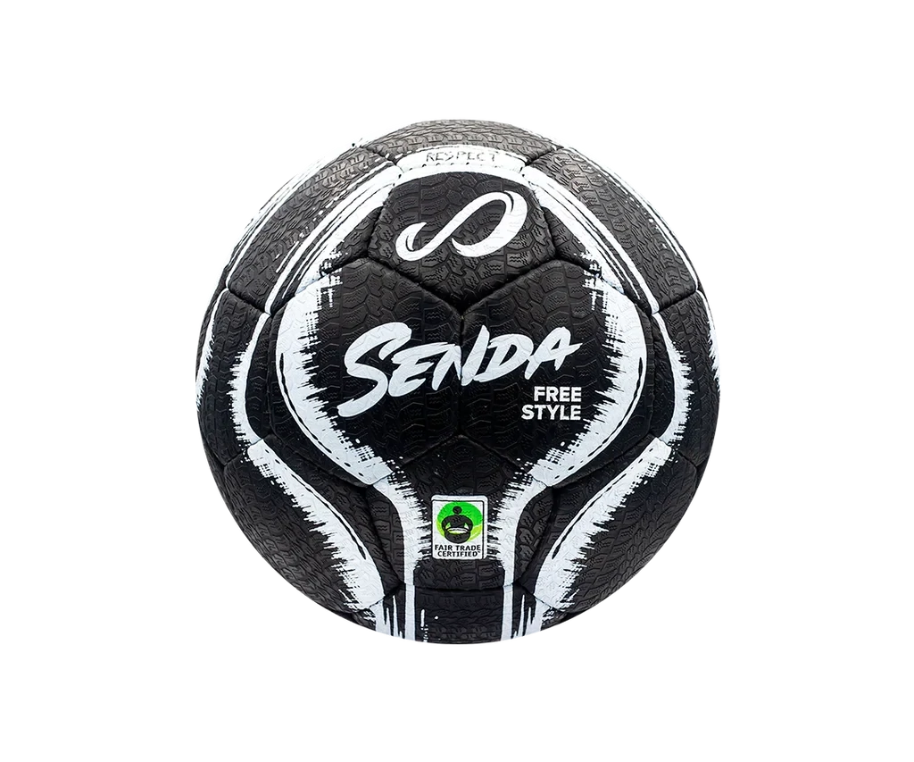 Front view of the Senda Street Freestyle Ball in black with white brushstroke graphics and Fair Trade Certified stamp near the bottom panel.