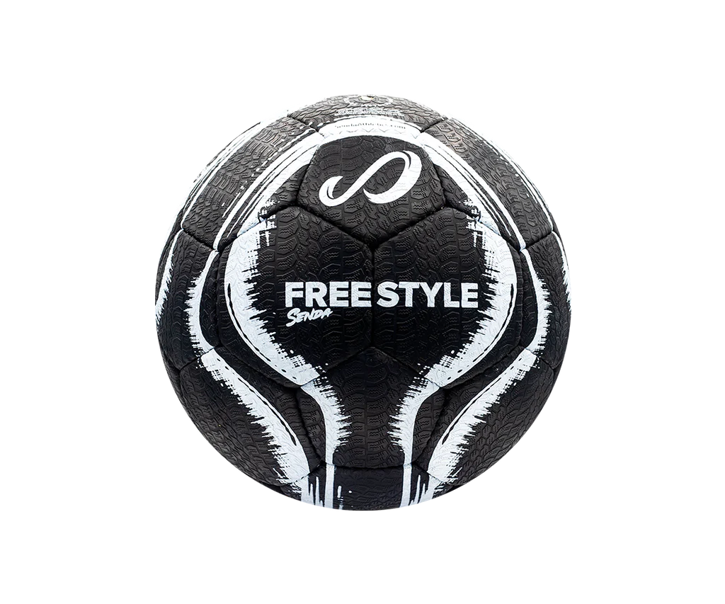 Side view of the Senda Street Freestyle Ball showing bold “FREESTYLE” text across black textured panels with white brushstroke-style accents.