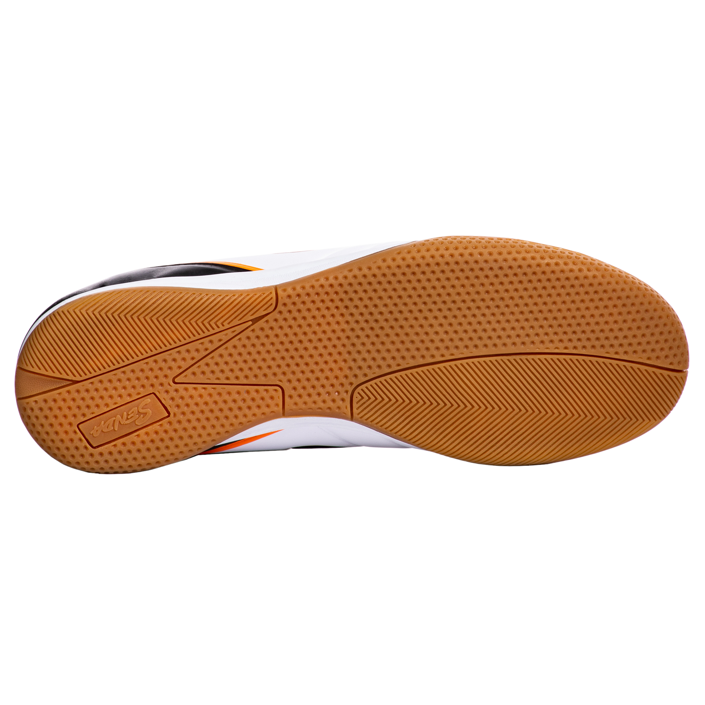 Bottom view of Senda Ushuaia Academy futsal shoe featuring gum rubber outsole with pivot point and textured grip zones.