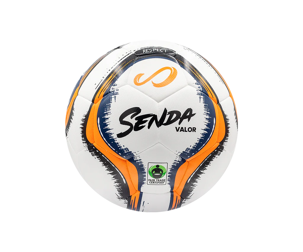 Close-up of the Senda Valor Match Soccer Ball featuring DuoTech stitching and enhanced textured panels, approved by FIFA standards.