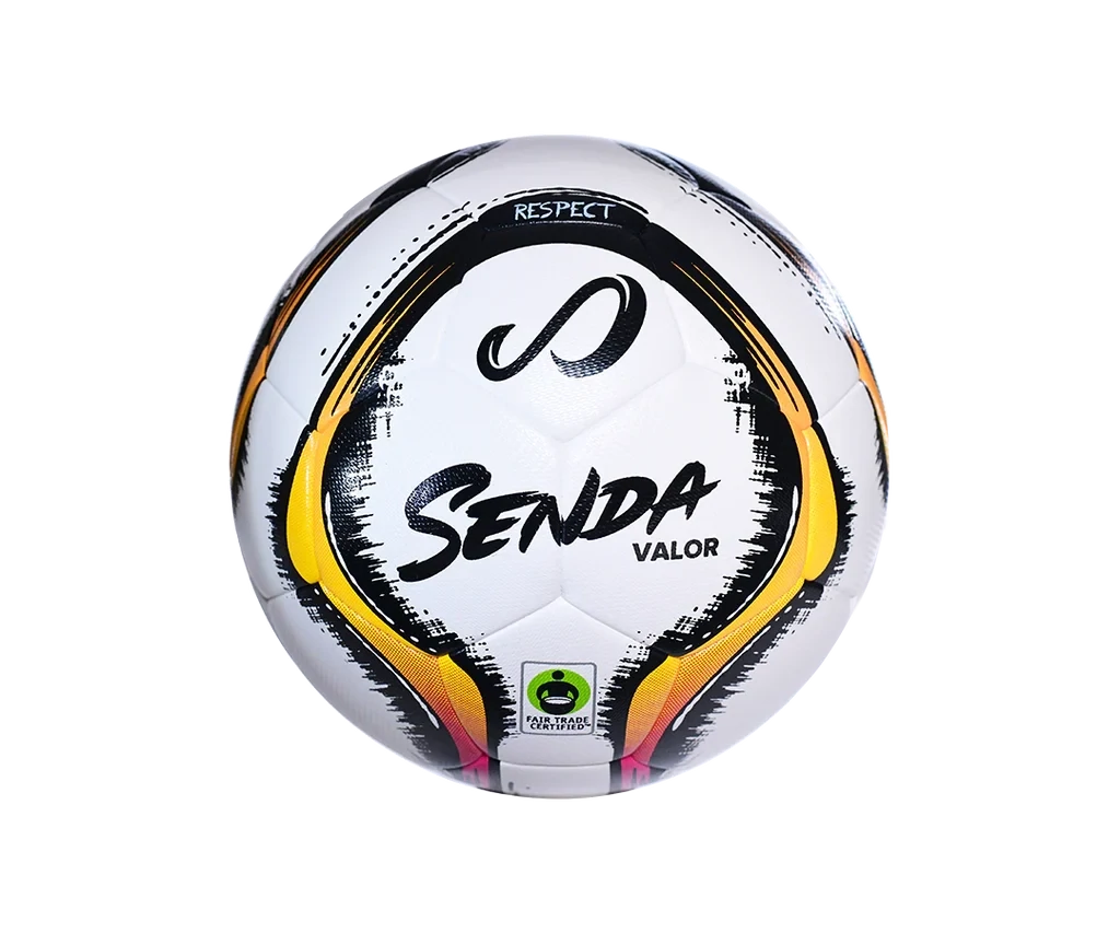 Senda Valor Premium Match Soccer Ball with Fair Trade Certified label and durable yellow-black design for elite-level performance.