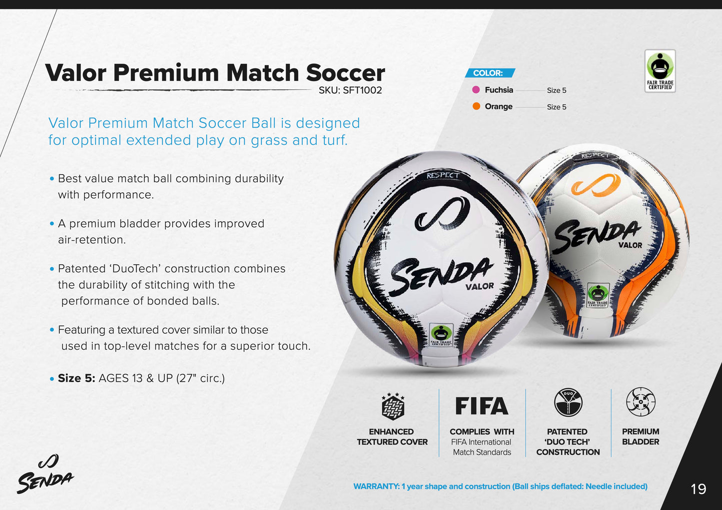 Senda Valor Premium Match Soccer Ball in orange with Fair Trade Certified logo, designed for extended play on grass and turf surfaces.