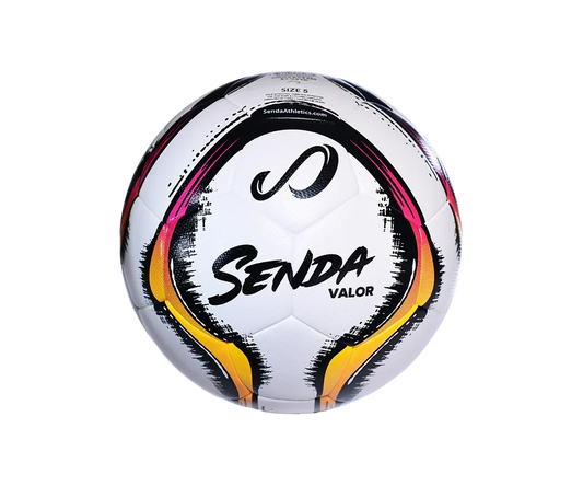 Senda Valor Premium Match Soccer Ball in size 5 featuring yellow and pink textured panels for pro-level touch and accuracy.