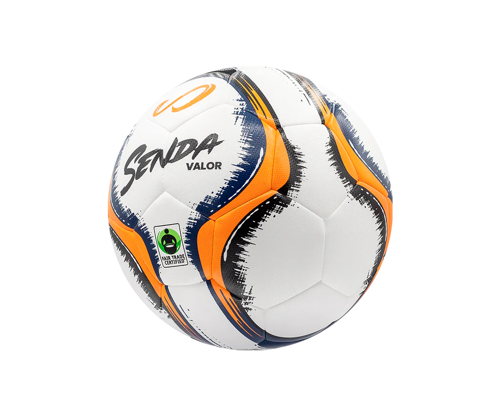 Angled side view of the Senda Valor Premium Soccer Ball in orange with Fair Trade Certified label and textured matte panels.