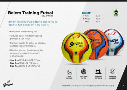 Product information sheet for Senda Belem Training Futsal Ball – Highlights low bounce design, textured cover, Fair Trade certification, and size options for ages 7 to adult.

