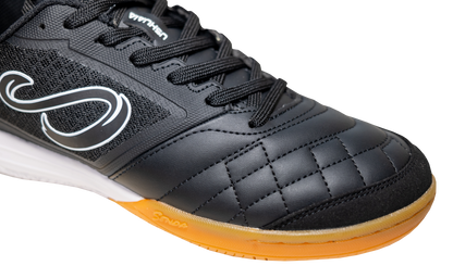 Close-up of Black Ushuaia Club 2.0 Futsal Shoes by Senda – Quilted toe box, breathable mesh upper, and durable synthetic overlay designed for precision, comfort, and control during futsal play.

