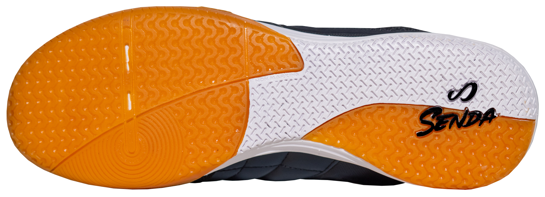 Sole view of Black Ushuaia Club 2.0 Futsal Shoes by Senda – Non-marking gum rubber outsole with Senda branding and dual-texture traction zones for grip, stability, and fast directional changes on indoor futsal courts.

