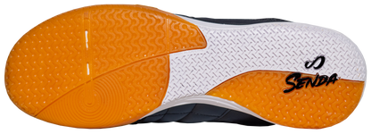 Sole view of Black Ushuaia Club 2.0 Futsal Shoes by Senda – Non-marking gum rubber outsole with Senda branding and dual-texture traction zones for grip, stability, and fast directional changes on indoor futsal courts.

