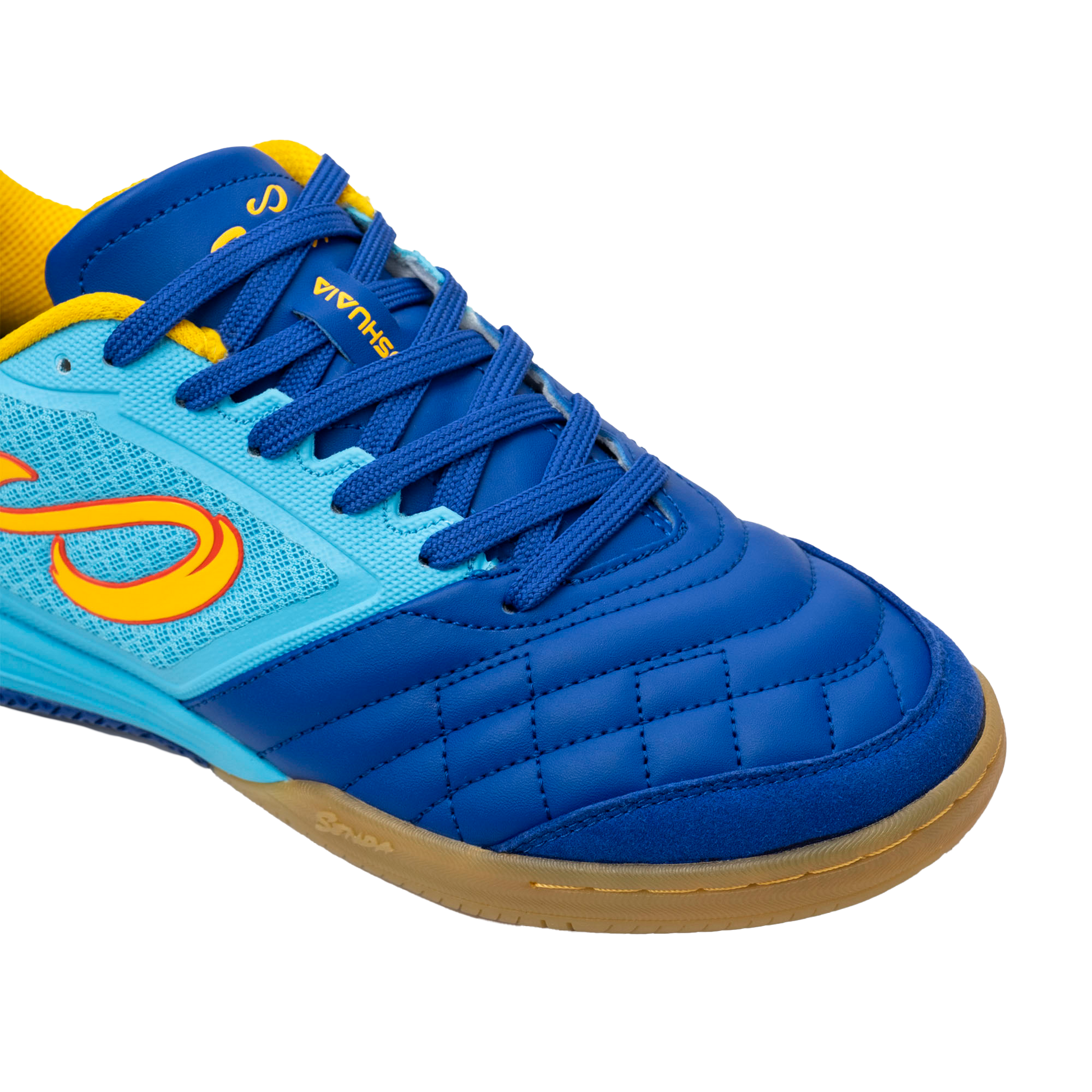Close-up of Blue Ushuaia Club 2.0 Futsal Shoes by Senda – Detailed view of stitched forefoot, reinforced toe, and breathable mesh paneling for enhanced durability, control, and comfort during indoor play.

