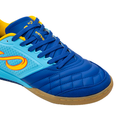 Close-up of Blue Ushuaia Club 2.0 Futsal Shoes by Senda – Detailed view of stitched forefoot, reinforced toe, and breathable mesh paneling for enhanced durability, control, and comfort during indoor play.

