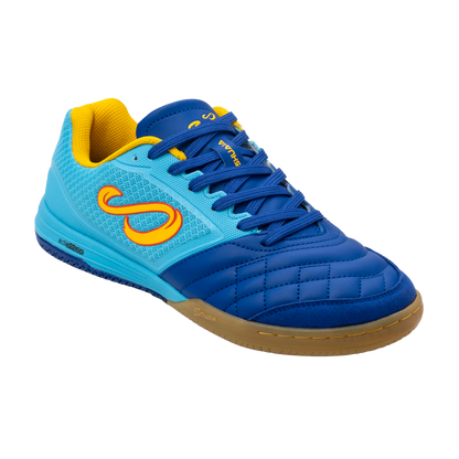 Blue Ushuaia Club 2.0 Futsal Shoes by Senda – Right shoe front angle showing breathable mesh, reinforced stitched toe, and gum rubber sole for grip, agility, and comfort on indoor futsal courts.

