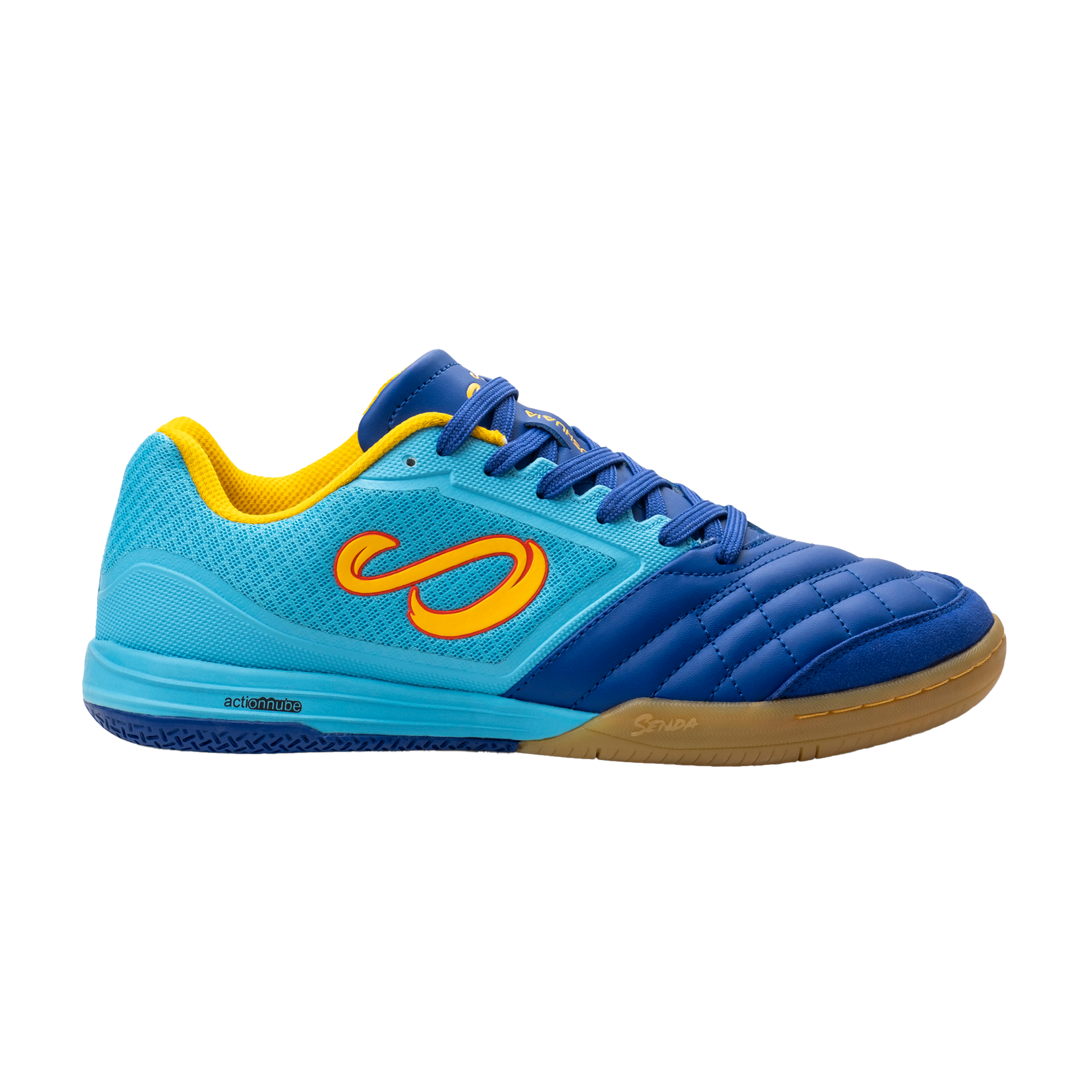 Blue Ushuaia Club 2.0 Futsal Shoes by Senda – Left side view of breathable futsal shoes featuring mesh upper, gum rubber sole, and stitched forefoot for agility and traction on indoor courts.

