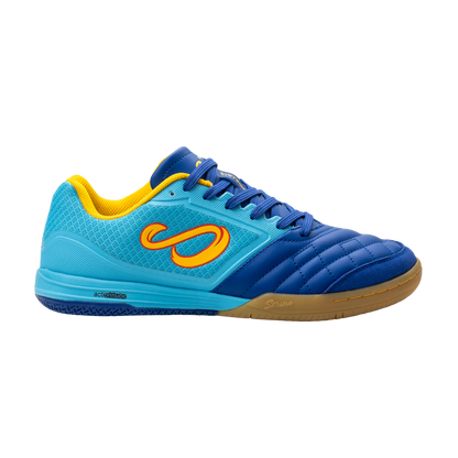 Blue Ushuaia Club 2.0 Futsal Shoes by Senda – Left side view of breathable futsal shoes featuring mesh upper, gum rubber sole, and stitched forefoot for agility and traction on indoor courts.

