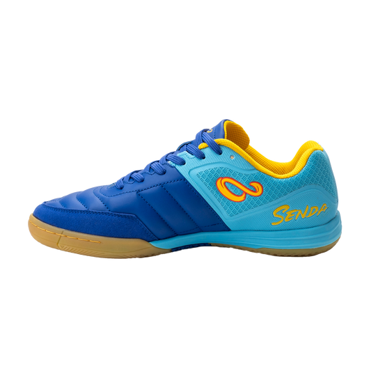 Side view of Blue Ushuaia Club 2.0 Futsal Shoes by Senda – Breathable indoor futsal shoes with reinforced stitching, mesh paneling, and gum rubber sole for grip and agility on court.

