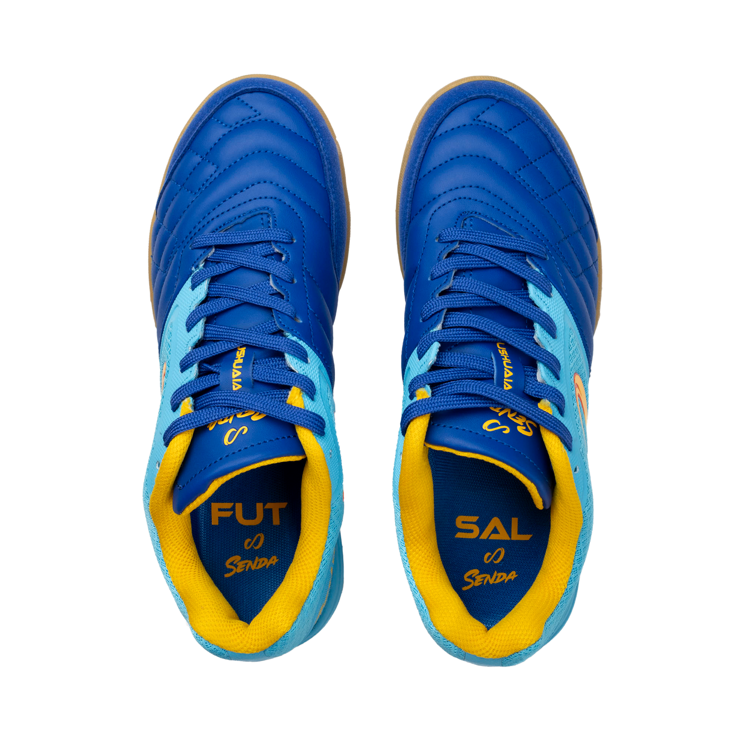 Top view of Blue Ushuaia Club 2.0 Futsal Shoes by Senda – Pair of indoor futsal shoes with “FUT” and “SAL” printed insoles, cushioned collar, and durable lace-up design for optimal court performance.

