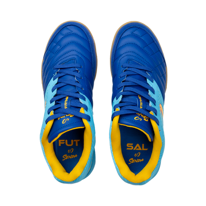 Top view of Blue Ushuaia Club 2.0 Futsal Shoes by Senda – Pair of indoor futsal shoes with “FUT” and “SAL” printed insoles, cushioned collar, and durable lace-up design for optimal court performance.

