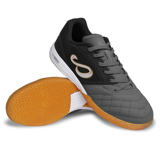 Dark Grey Ushuaia Club 2.0 Futsal Shoes by Senda – Lightweight indoor futsal shoes with non-marking gum rubber sole, quilted forefoot stitching, and breathable mesh for court traction, comfort, and durability.

